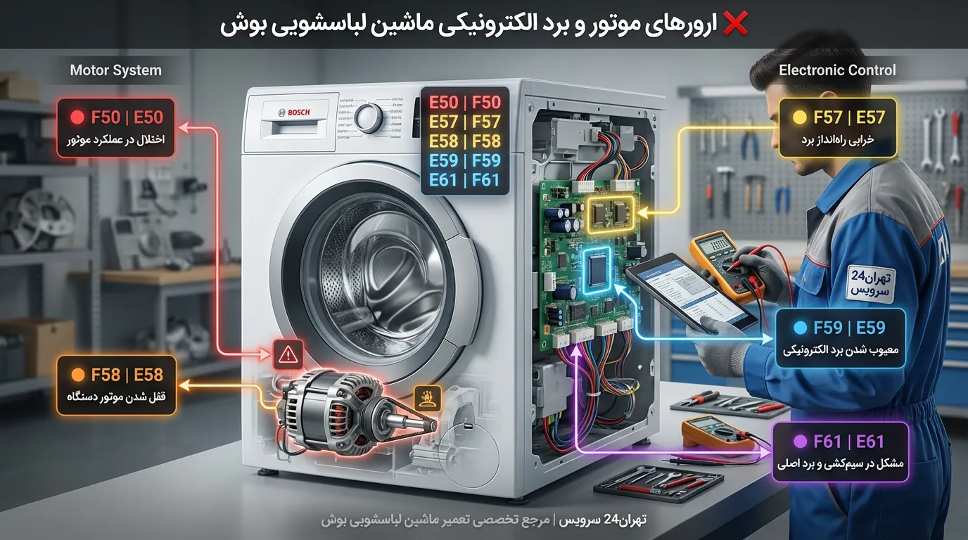 ارورهای مرتبط با موتور و برد الکترونیکی در ماشین لباسشویی بوش❌ ارور F50 | E50 – اختلال در عملکرد موتور
❌ ارور F58 | E58 – قفل شدن موتور دستگاه